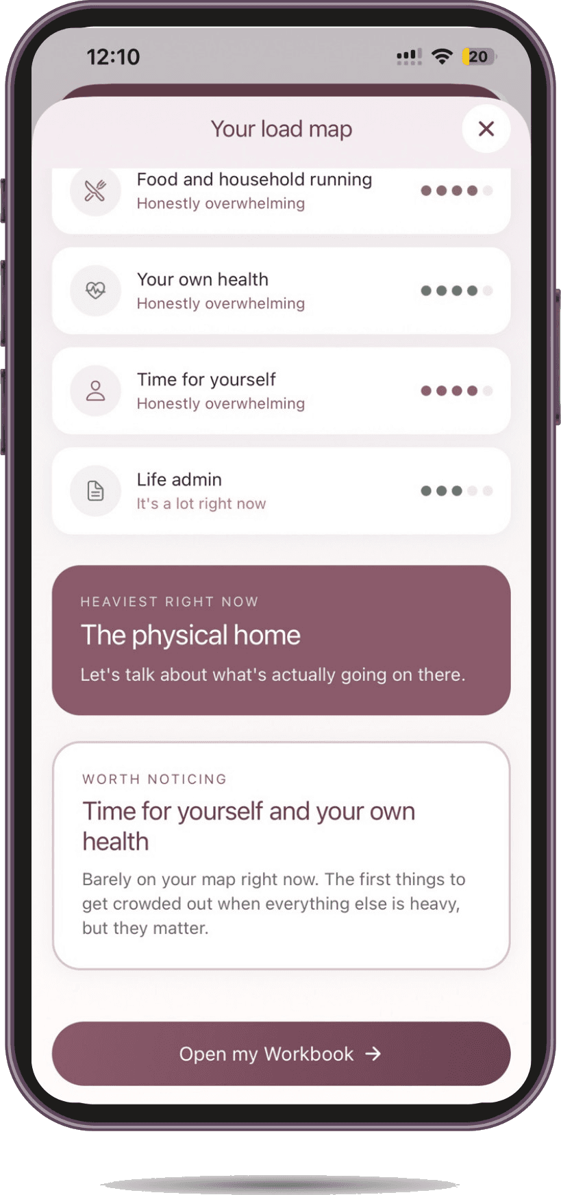 Your load map in AlphaMa: food, health, time for yourself, and life admin rated by heaviness