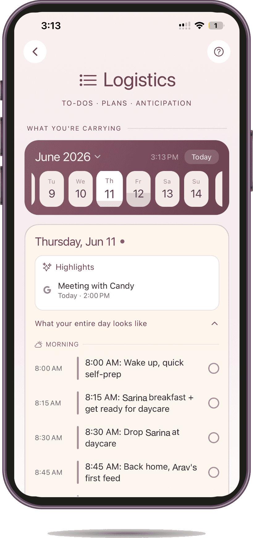 The Logistics bucket in AlphaMa: calendar synced with Google, and your entire personal and professional day laid out hour by hour