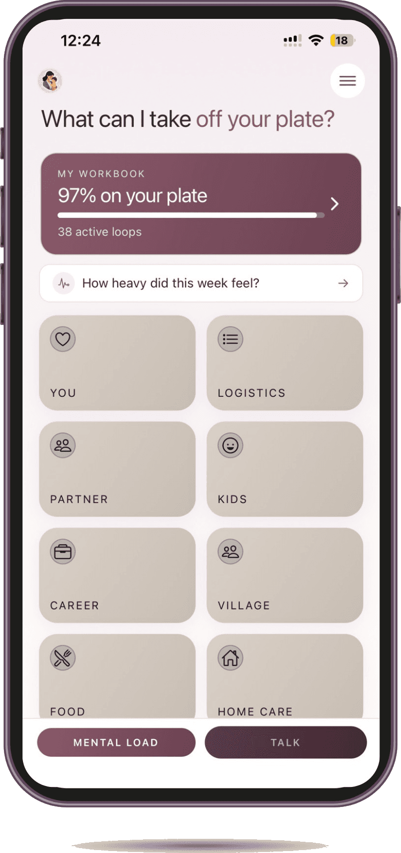 AlphaMa home screen asking what can I take off your plate, with buckets for every part of life