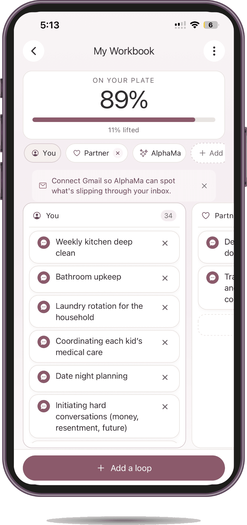 My Workbook in AlphaMa showing 89% on your plate, with columns for you and your partner