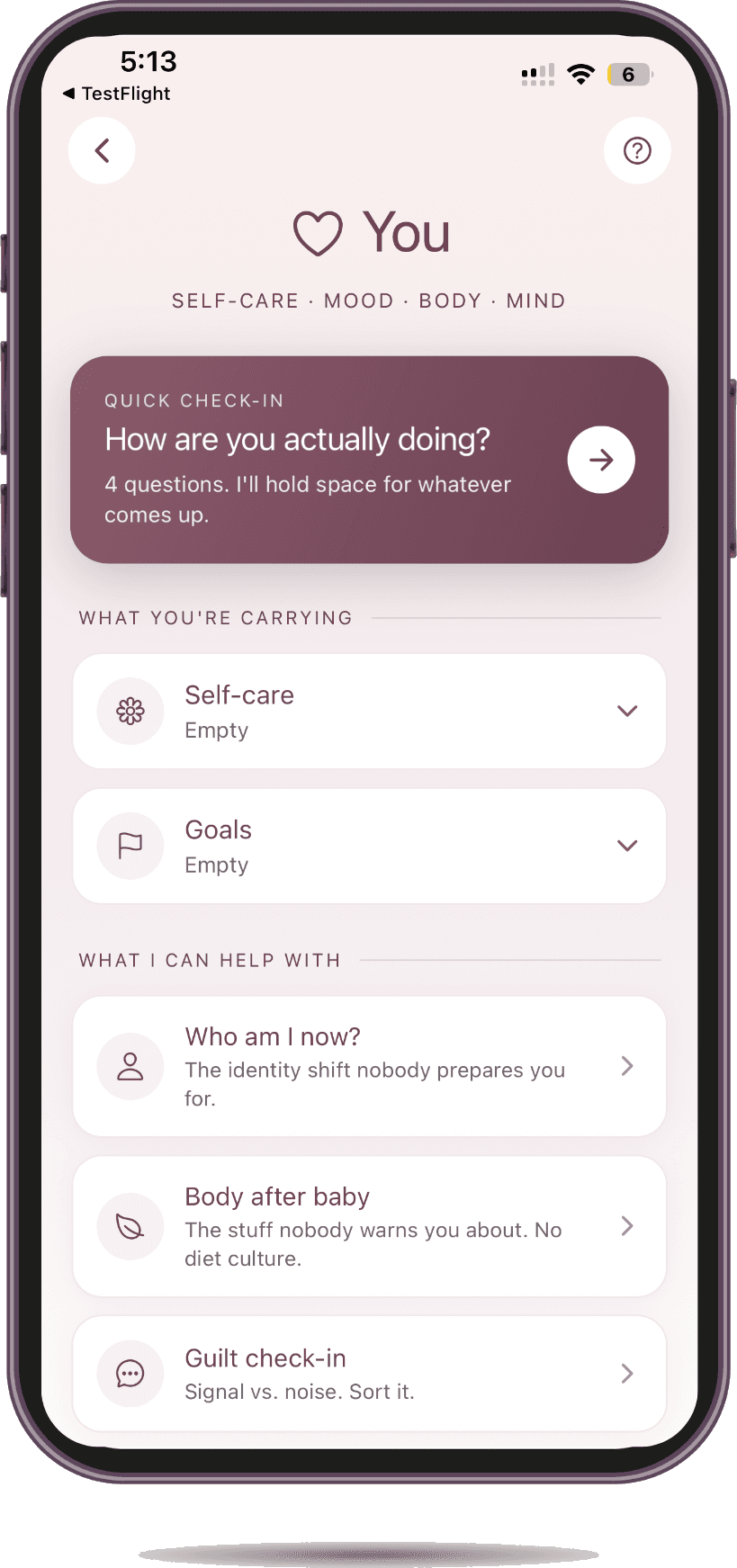 The You space in AlphaMa: self care, mood, body, and mind check-ins