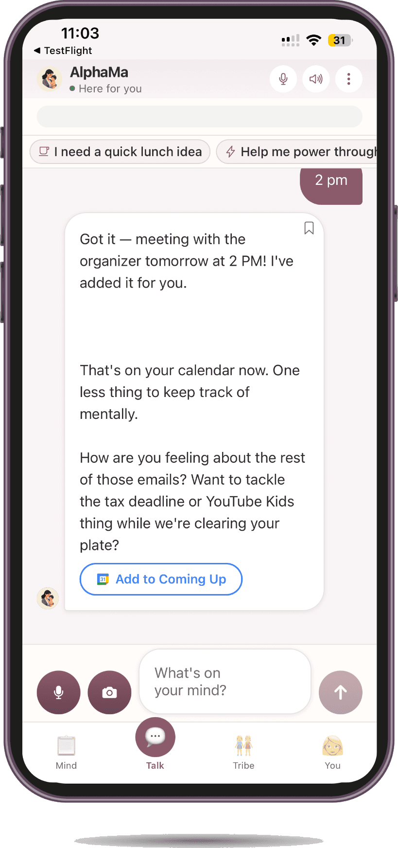 AlphaMa adding a meeting to calendar and suggesting next steps