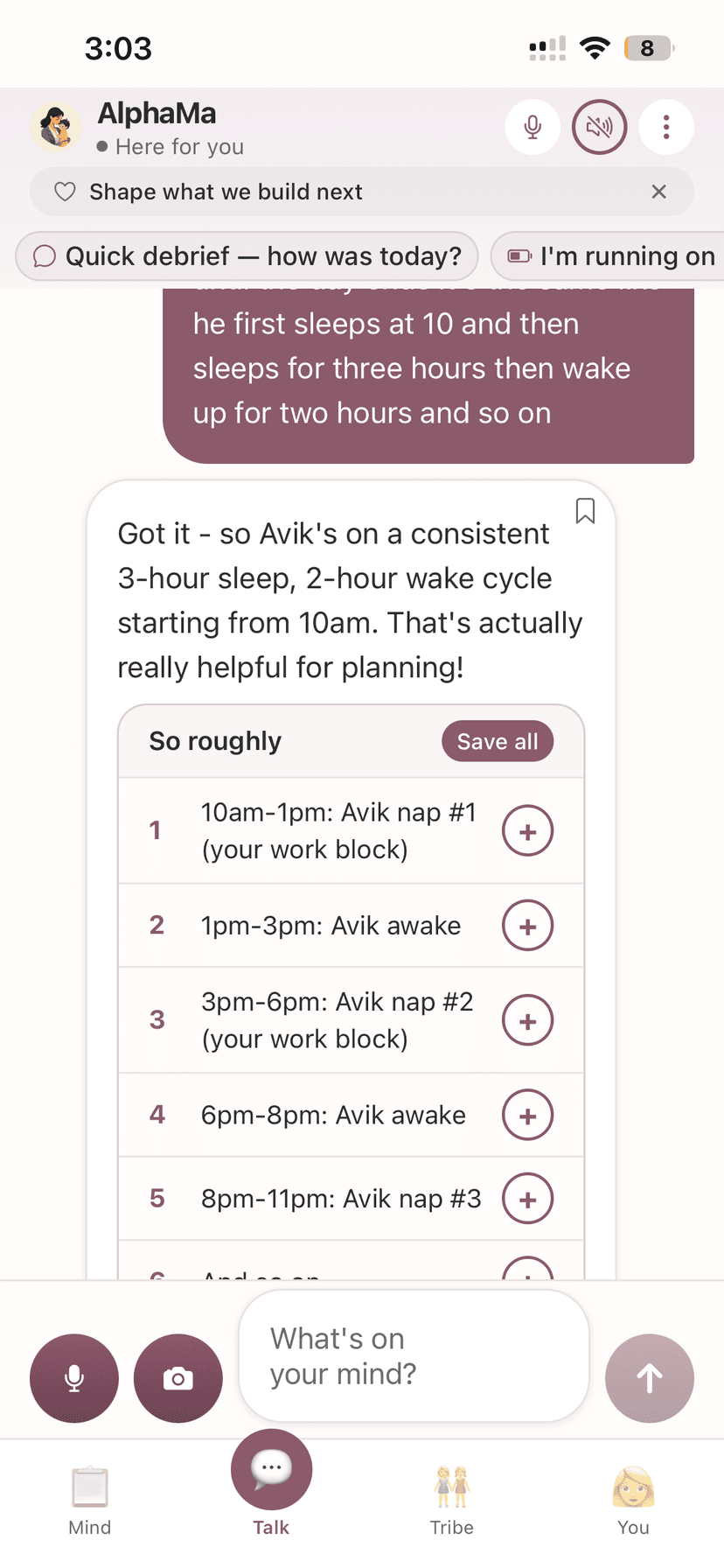 AlphaMa learning baby nap schedule and creating work blocks around it
