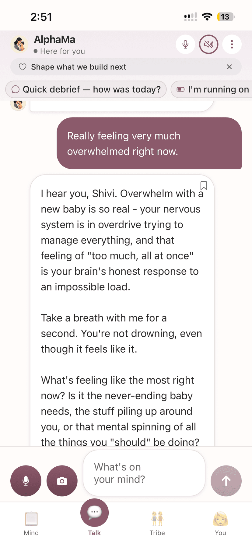 AlphaMa responding with empathy when a mom says she feels overwhelmed