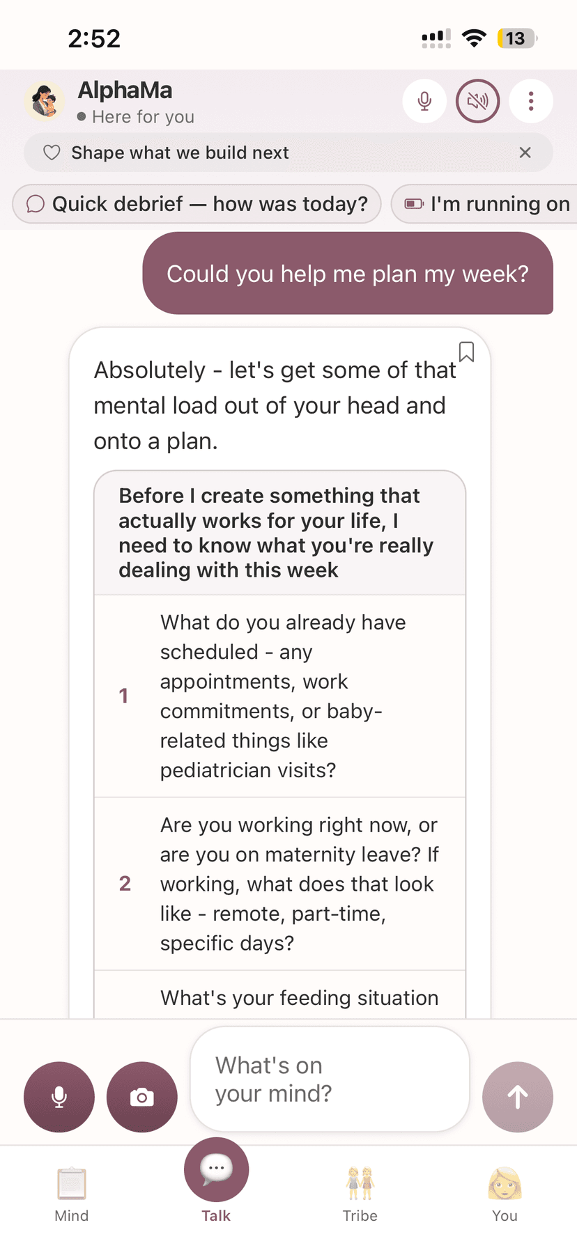 AlphaMa asking follow-up questions about your real life before creating a plan