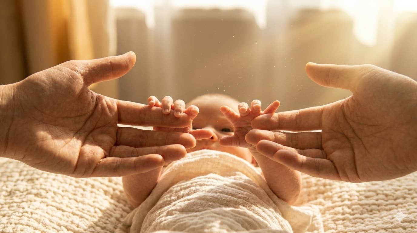 A mother's hands reaching toward her newborn in soft morning light