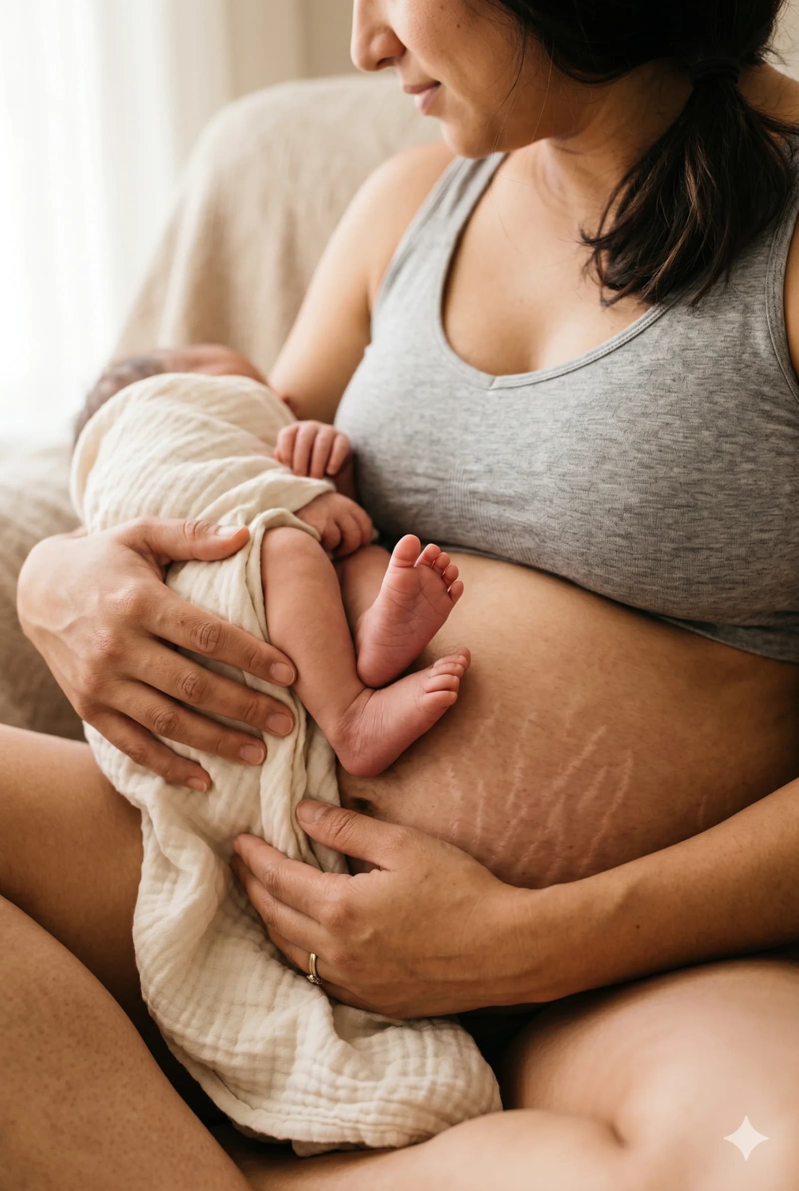 Postpartum mother holding her newborn, stretch marks visible, the reality of the sharpest hormonal cliff in human biology