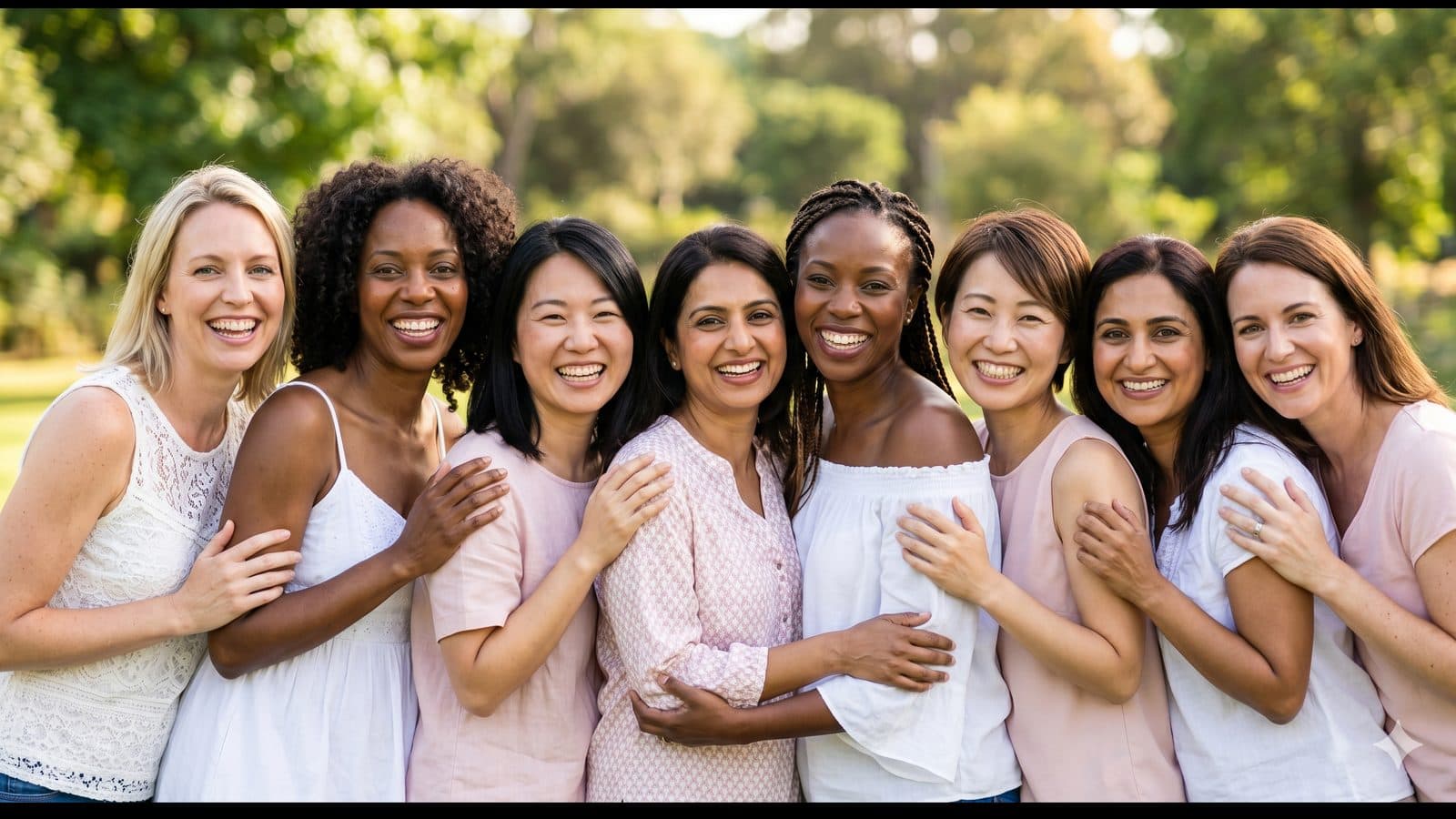 A group of mothers standing together, arms around each other, smiling