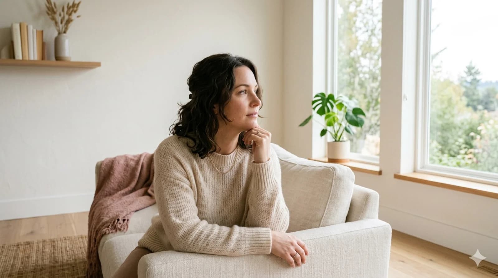 Woman sitting thoughtfully on a couch, the quiet hope of trying to conceive