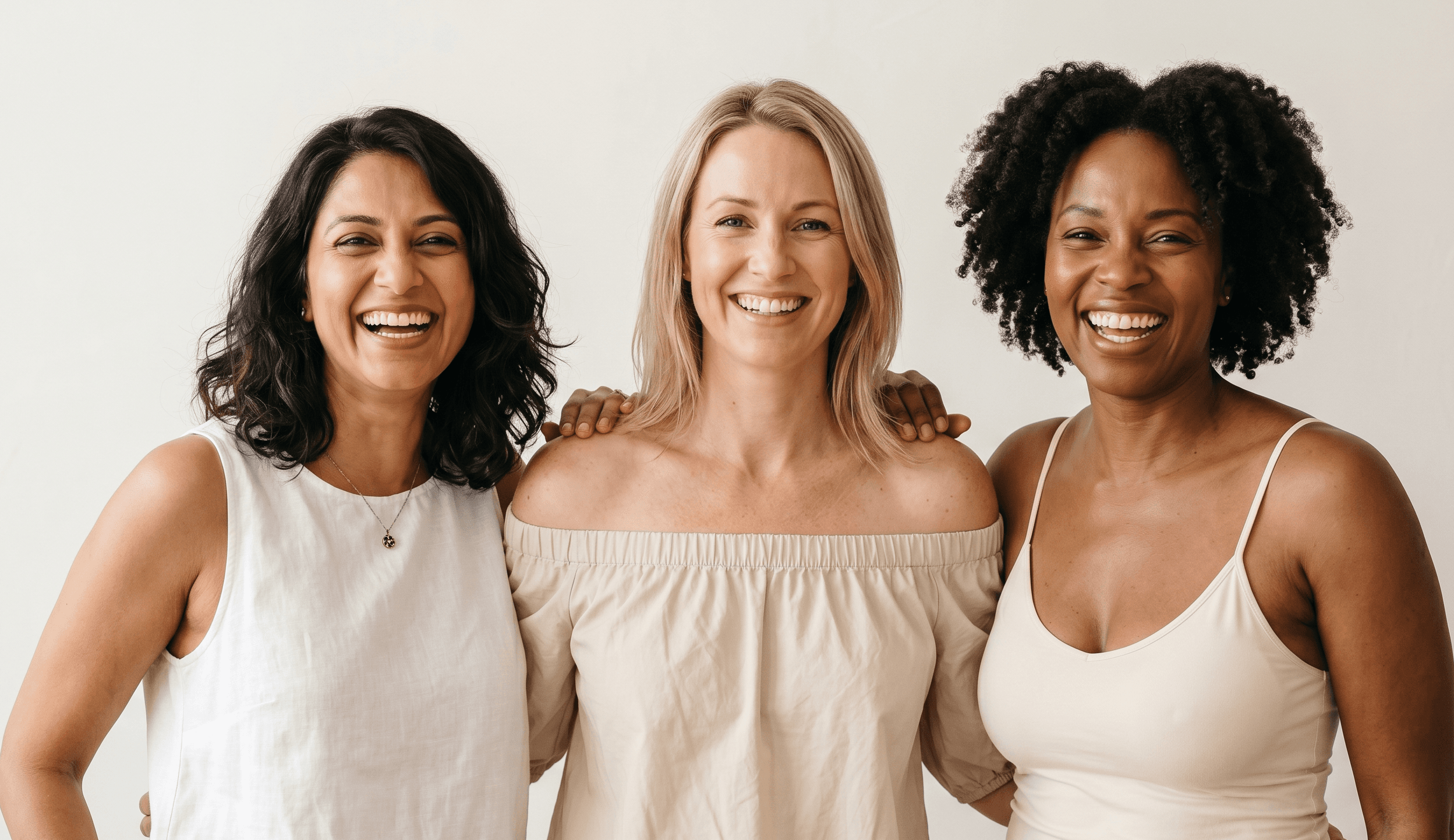 Three women of different backgrounds standing together, representing women's brain health across the lifespan