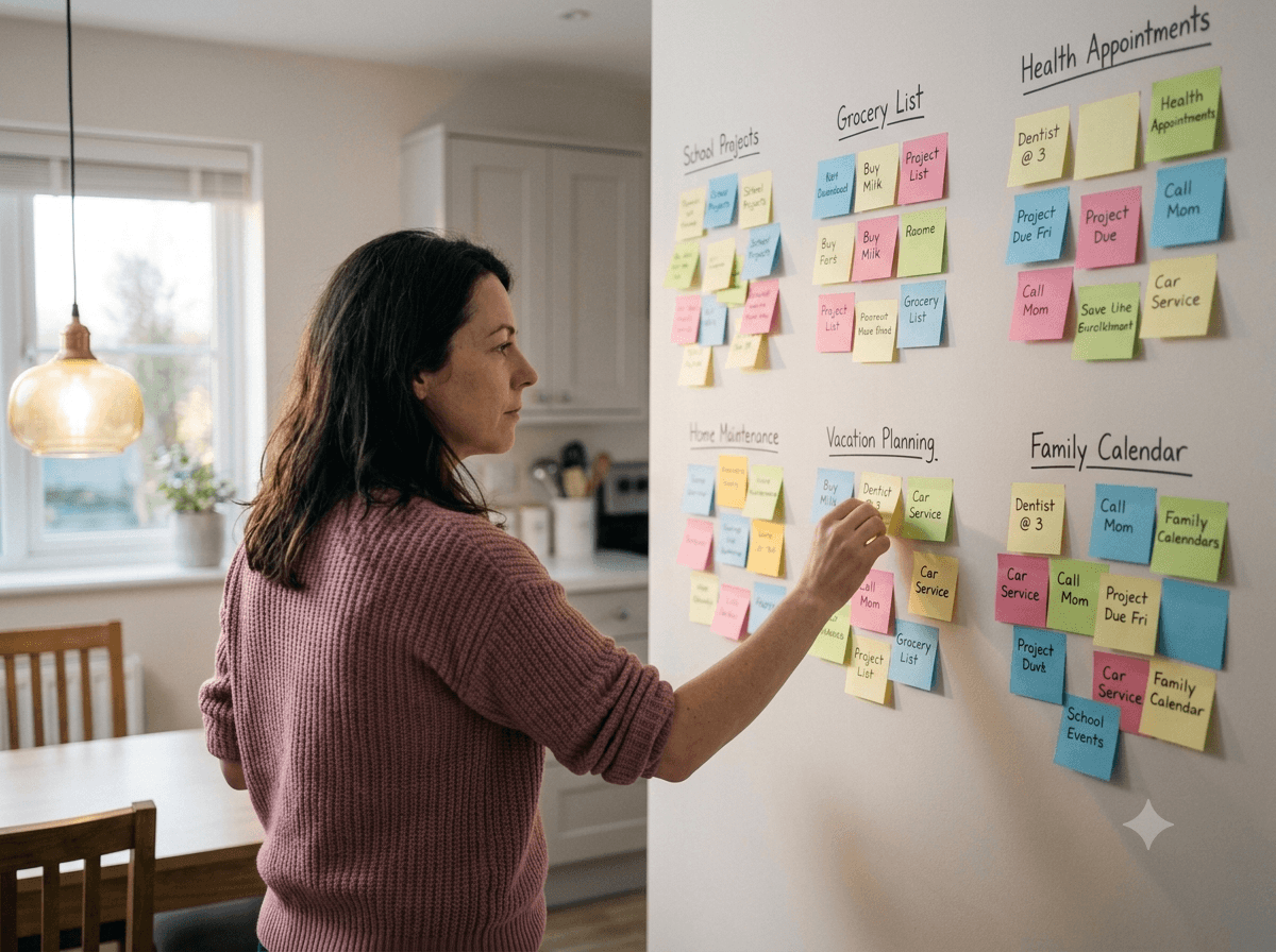 A mother mapping her mental load across clusters of handwritten notes