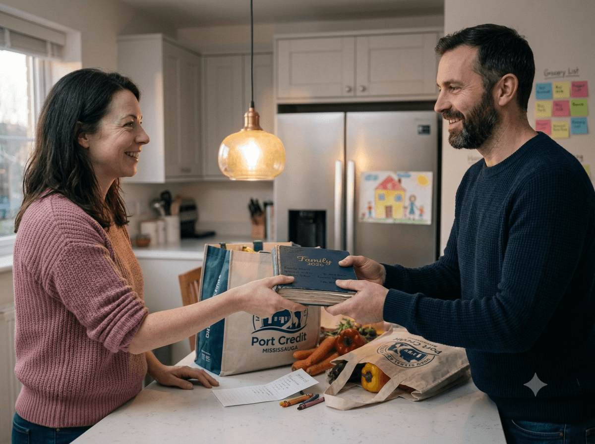 A couple at their kitchen counter handing over the family planner, one domain changing owners