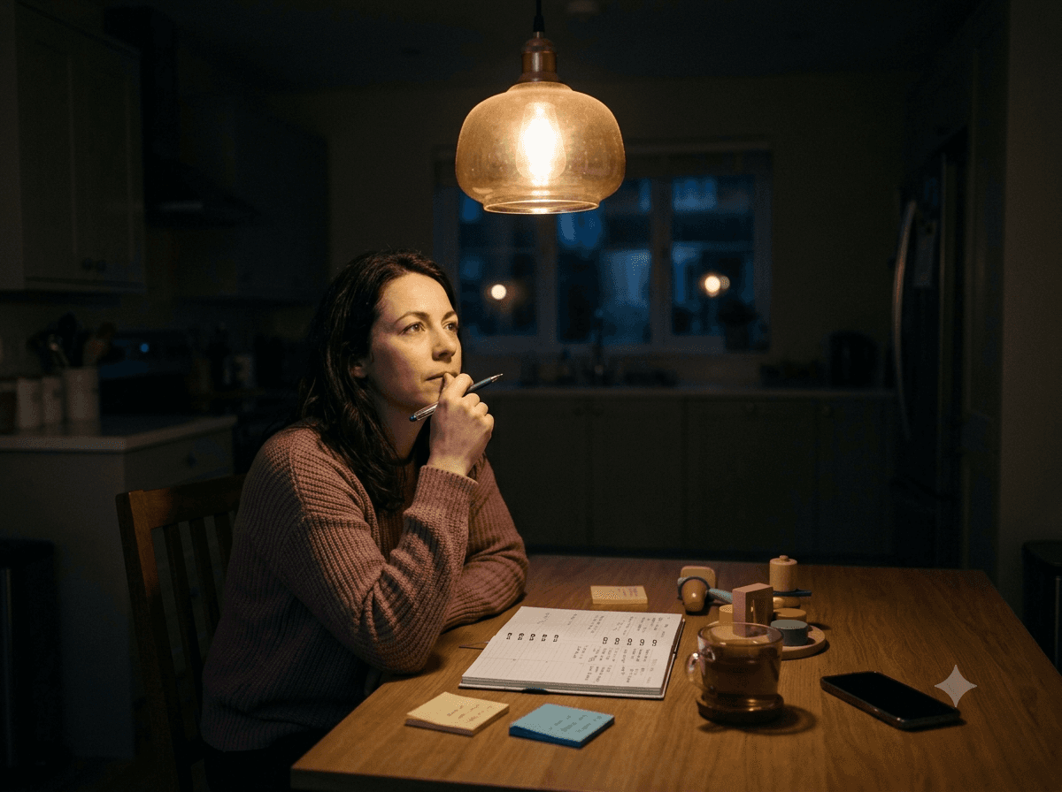 A mother at her kitchen table at 10 PM, planner open, holding the invisible work of the household