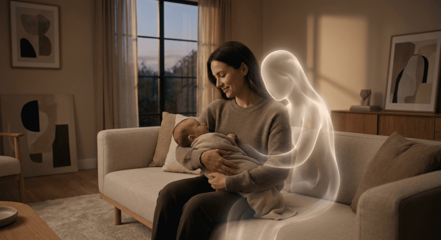 A mother holding her baby with an AI companion beside her