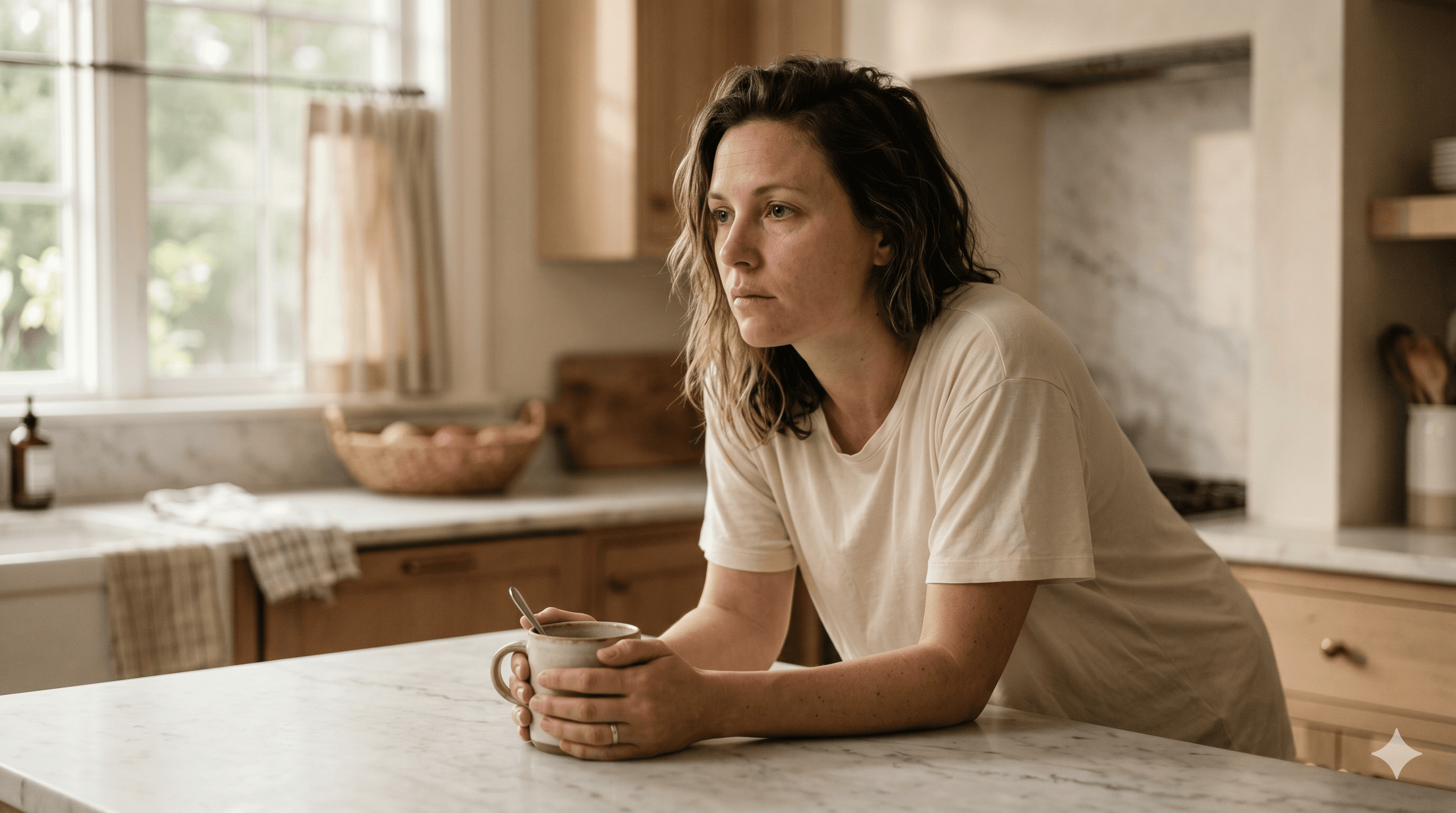 A mother alone at her kitchen counter in morning light, holding a cold cup of coffee, quietly exhausted