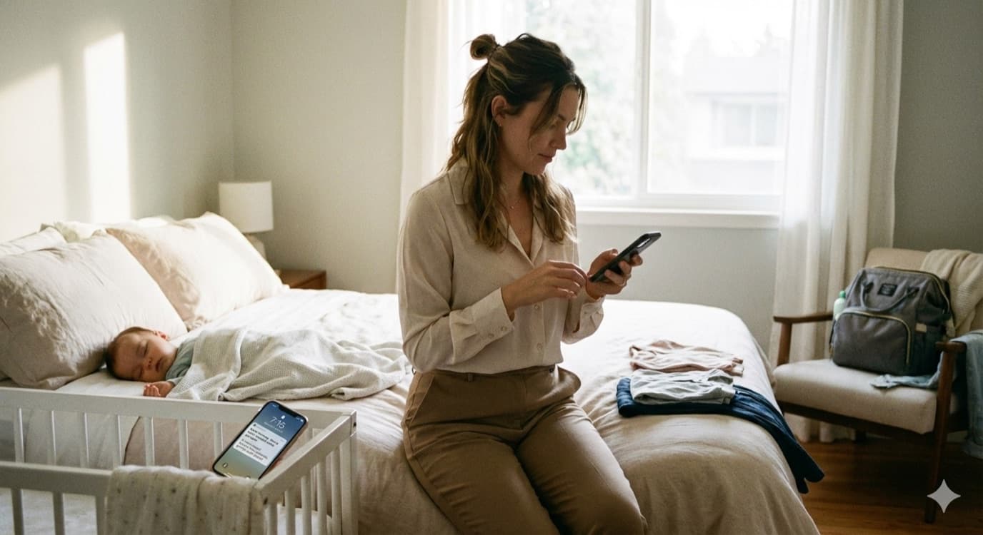 A mother sitting on her bed in the early morning, phone in hand, while her baby sleeps in the crib beside her