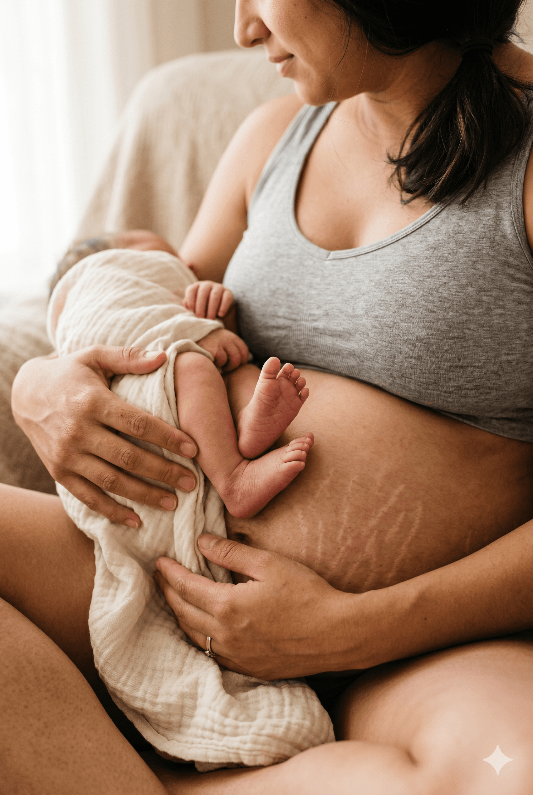 Postpartum mother holding her newborn, stretch marks visible, the reality of the sharpest hormonal cliff in human biology