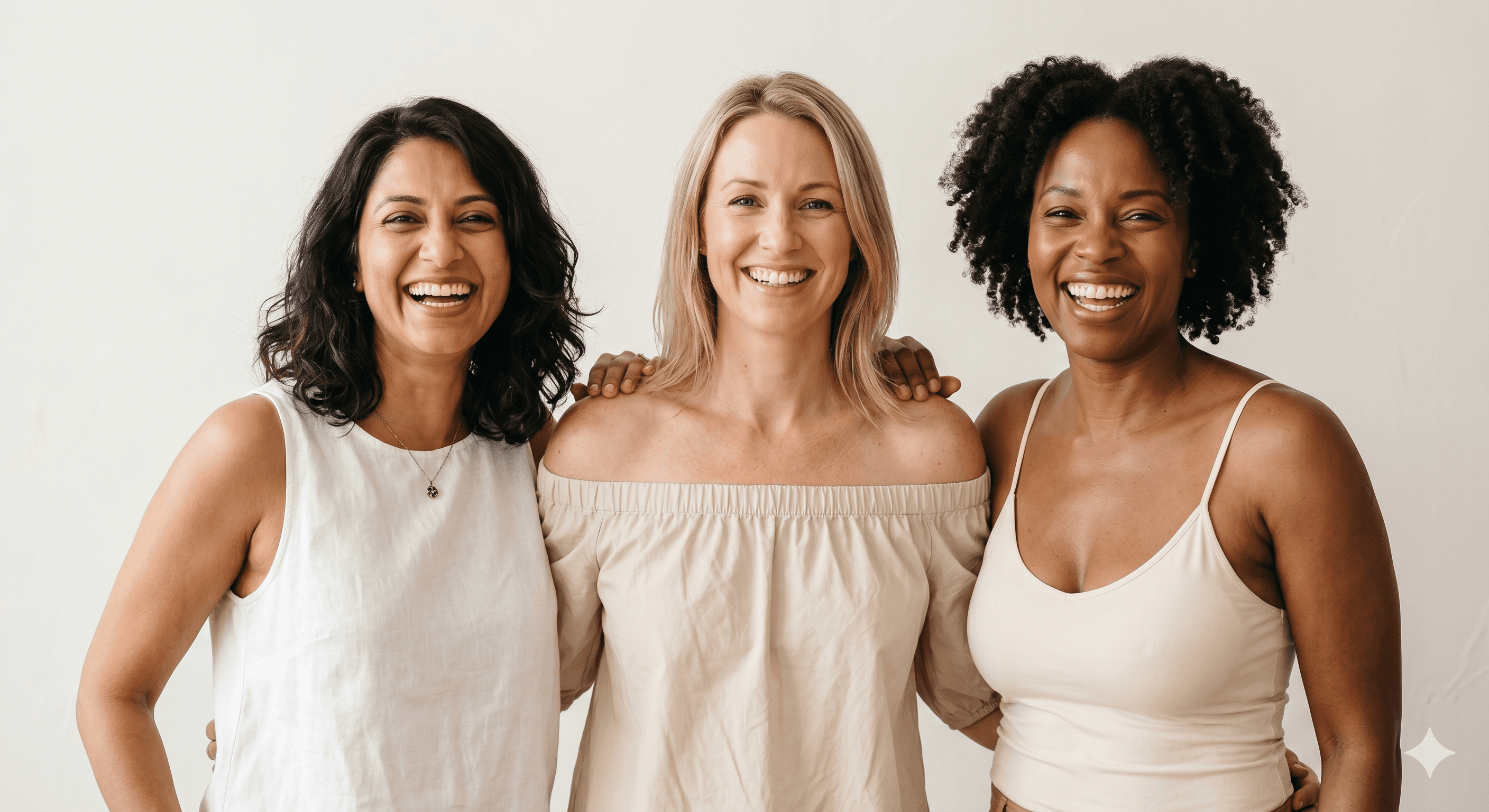 Three women of different backgrounds standing together, representing women's brain health across the lifespan